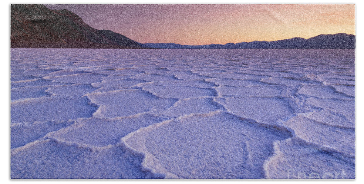 Death Valley National Park Bath Towel featuring the photograph Sunset at Badwater Basin salt pans, Death Valley, California, USA by Neale And Judith Clark