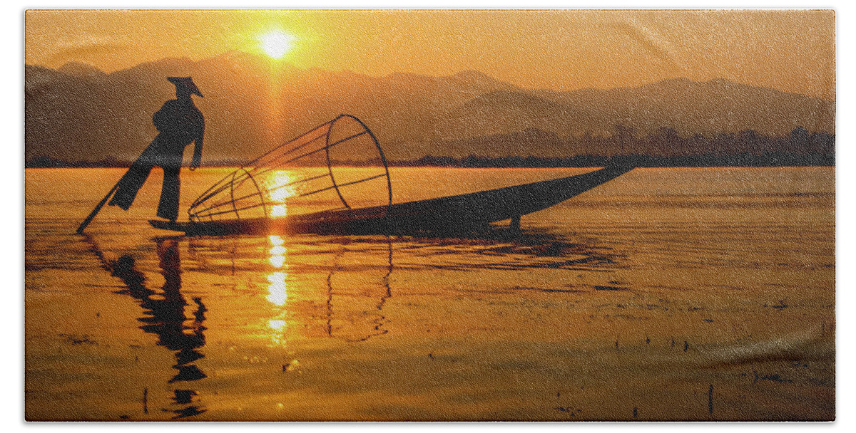 Inlelake Bath Towel featuring the photograph Sunset at Inle Lake by Arj Munoz