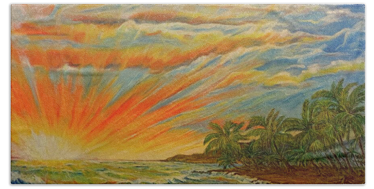 Brilliant Sunset Beach Sunset Bath Towel featuring the painting Sunset at Kumu nul Kahakai by Michael Silbaugh