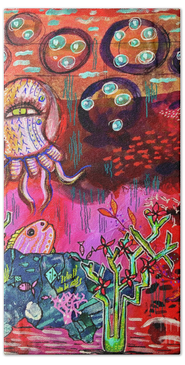 Outsider Art Bath Towel featuring the mixed media Sunset at the Bottom of the Ocean by Mimulux Patricia No