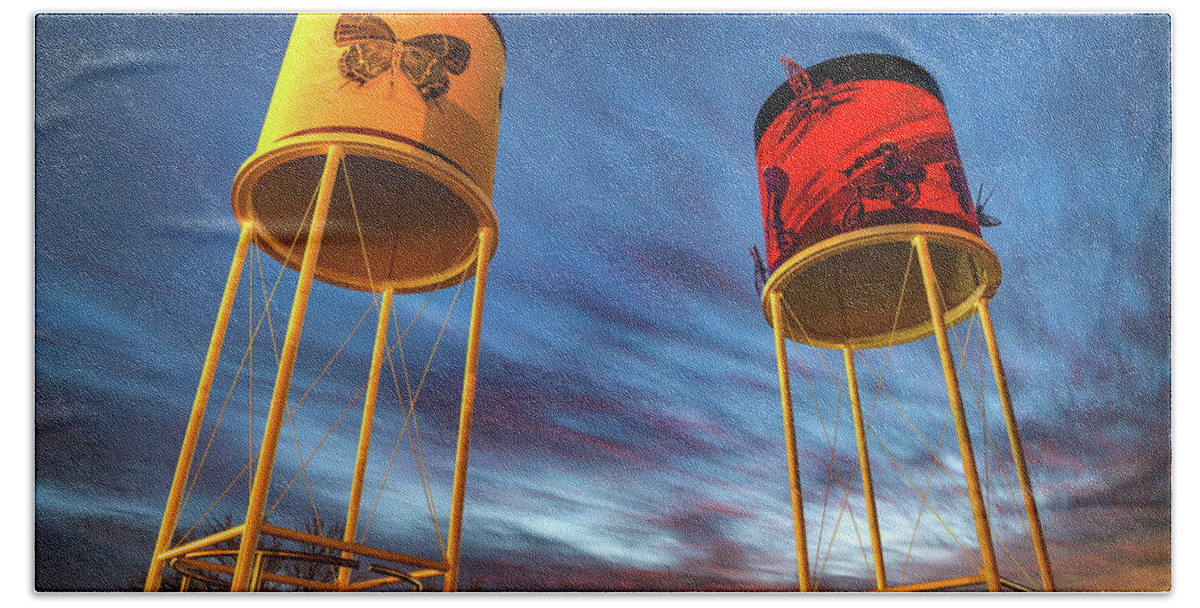America Bath Towel featuring the photograph Sunset At The Railyard Park Water Towers - Rogers Arkansas by Gregory Ballos