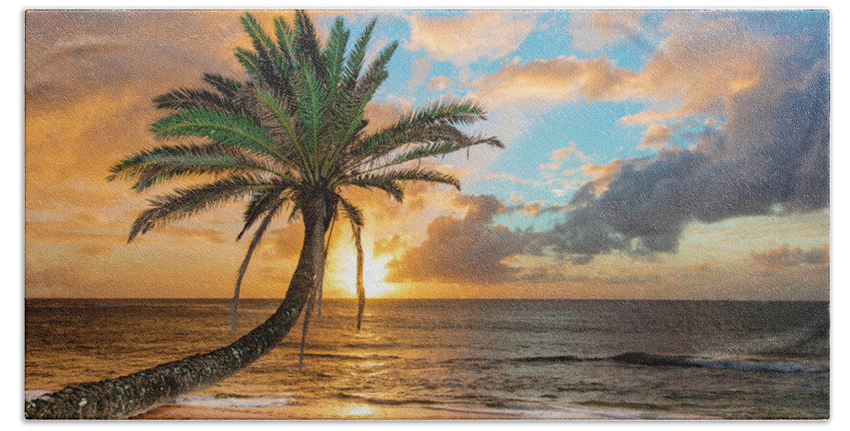 Sunset Beach Golden Palm Hand Towel featuring the photograph sunset Beach golden Palm by Leonardo Dale