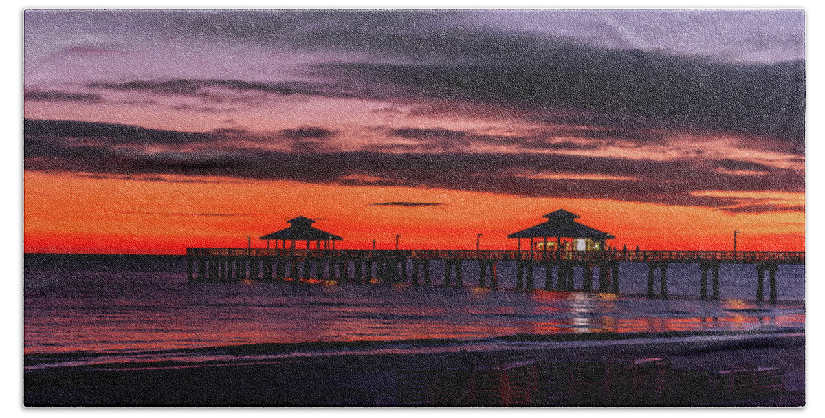 Florida Bath Towel featuring the photograph Sunset Beach Pier Fort Myers by Dee Potter