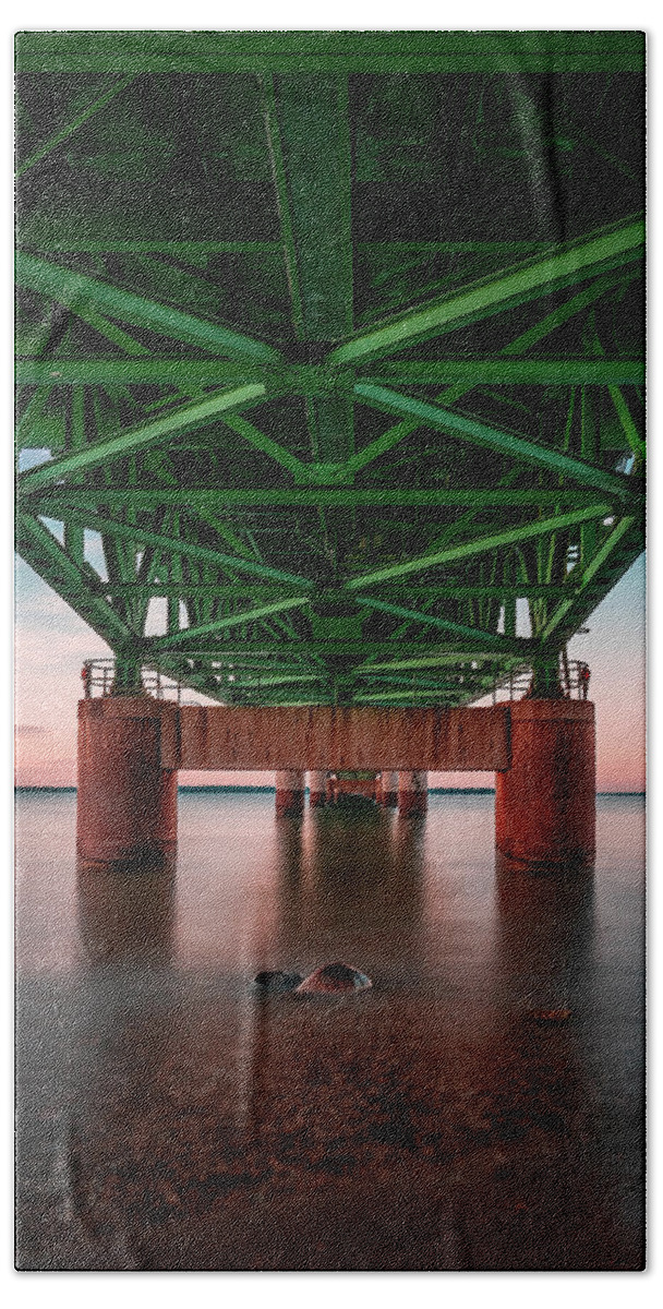 America Bath Towel featuring the digital art Sunset Beneath The Mackinac Bridge by Kevin McClish