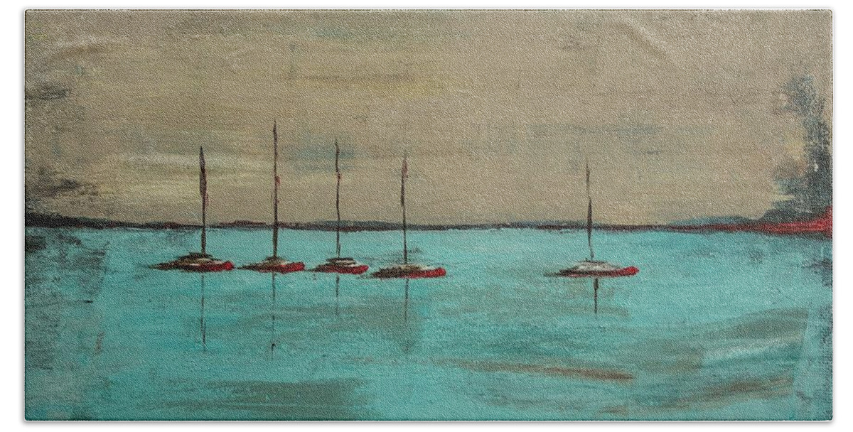 Seascape Bath Towel featuring the painting Sunset Boats by Ben and Raisa Gertsberg