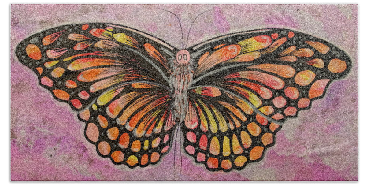 Orange Bath Towel featuring the painting Sunset Butterfly by Kathy Pope