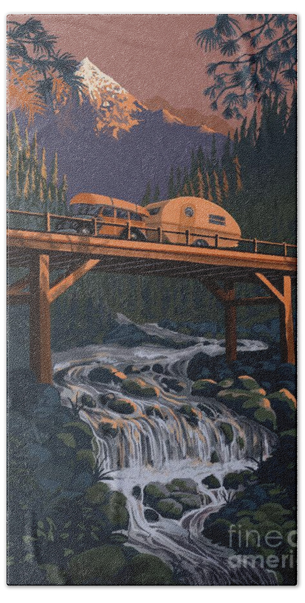 Retro Camping Hand Towel featuring the painting Sunset Camper by Sassan Filsoof