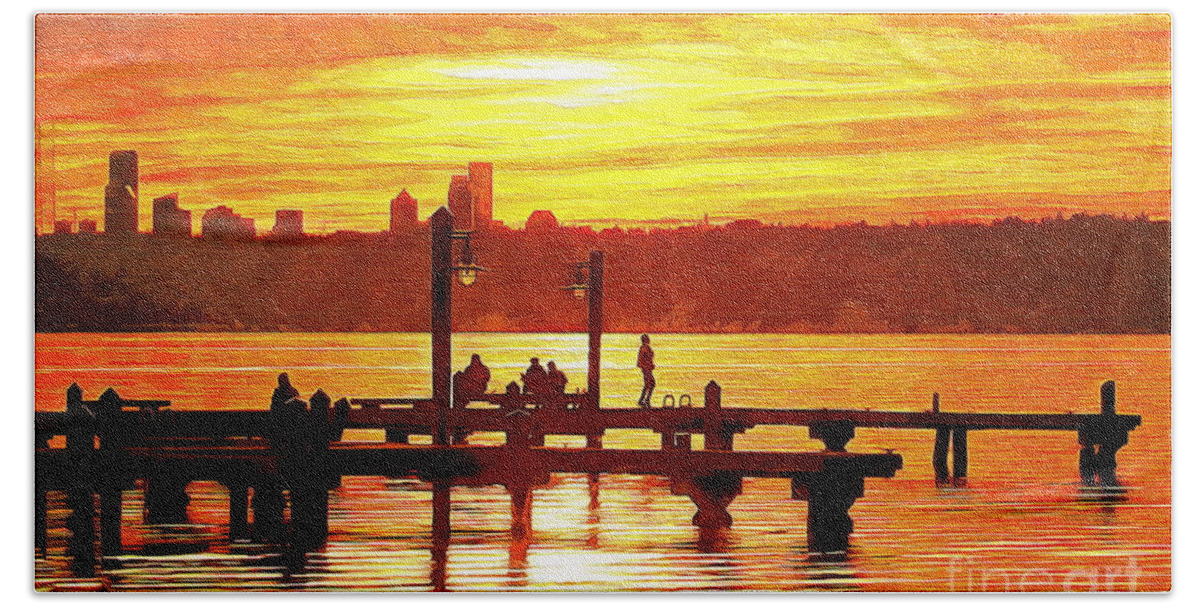 Sunset Hand Towel featuring the photograph Sunset Dock Dancer in Kirkland by Sea Change Vibes