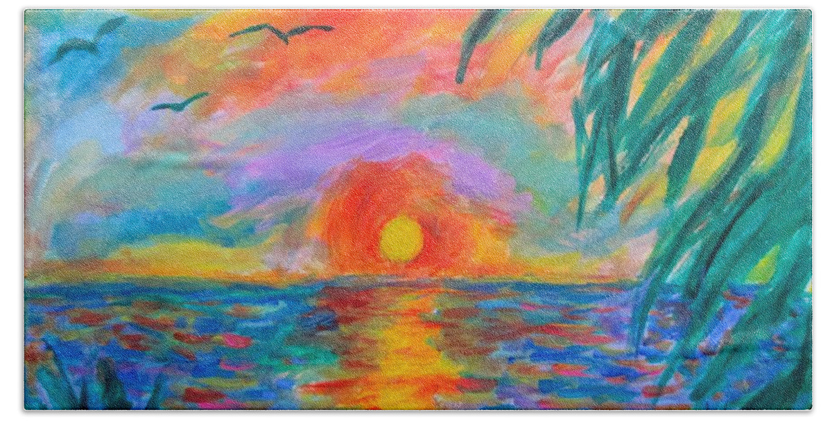 Sunset Bath Towel featuring the painting Sunset Flight by Kendall Kessler