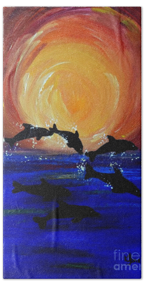 Dolphins Bath Towel featuring the painting Sunset Frolics by Karen Jane Jones
