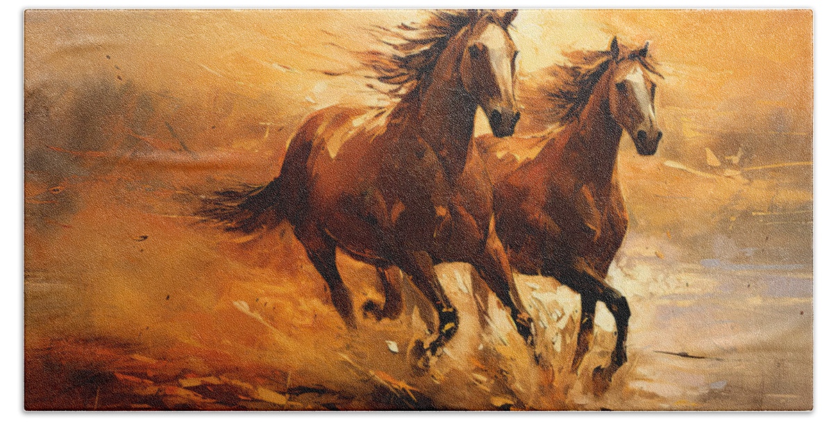 Horse Racing Art Hand Towel featuring the painting Sunset Gallop by Lourry Legarde