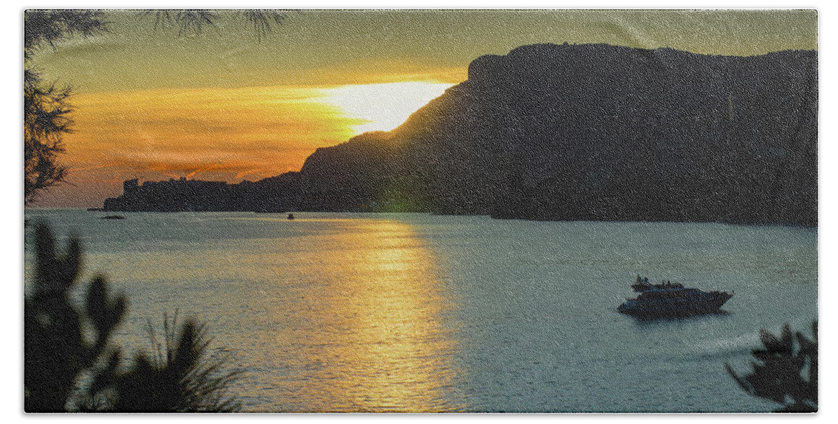 Background Bath Towel featuring the photograph Sunset in Monaco from Cap Martin with yacht and dark cliffs by Jean-Luc Farges