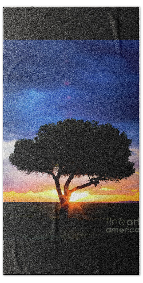 Mara Hand Towel featuring the photograph Sunset in the Masai Mara with tree silhouette by Jane Rix