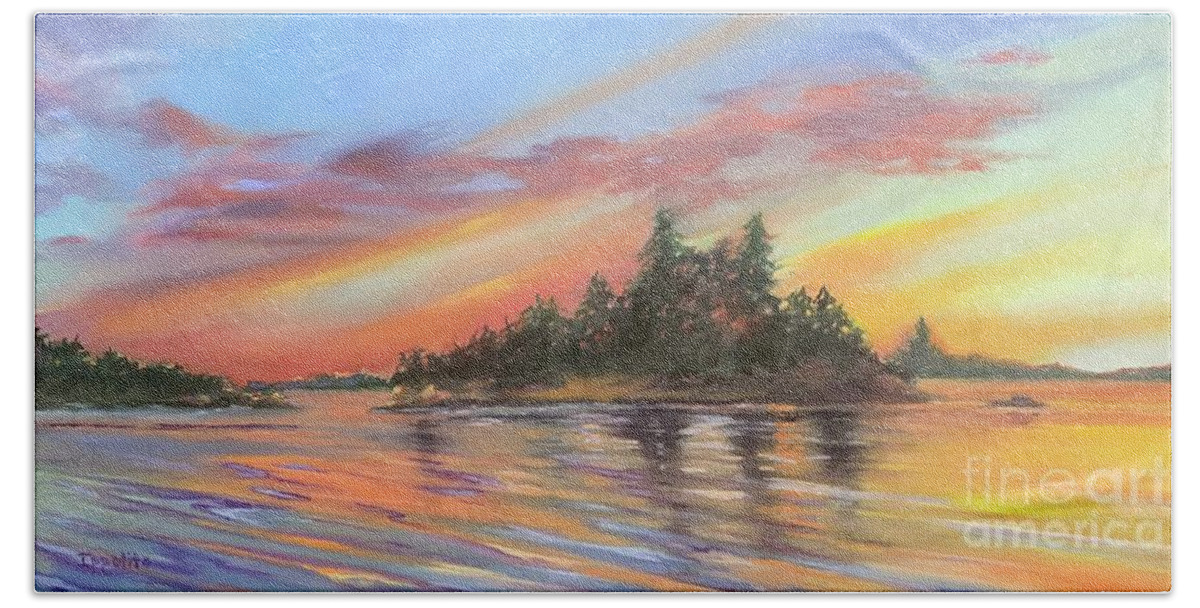 Waterscape Hand Towel featuring the painting Sunset Lake by Lori Ippolito