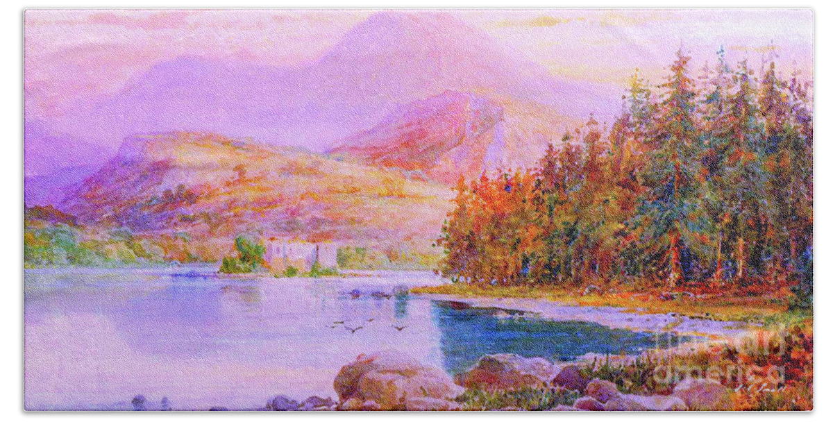 Landscape Bath Towel featuring the painting Sunset Loch Scotland by Jane Small