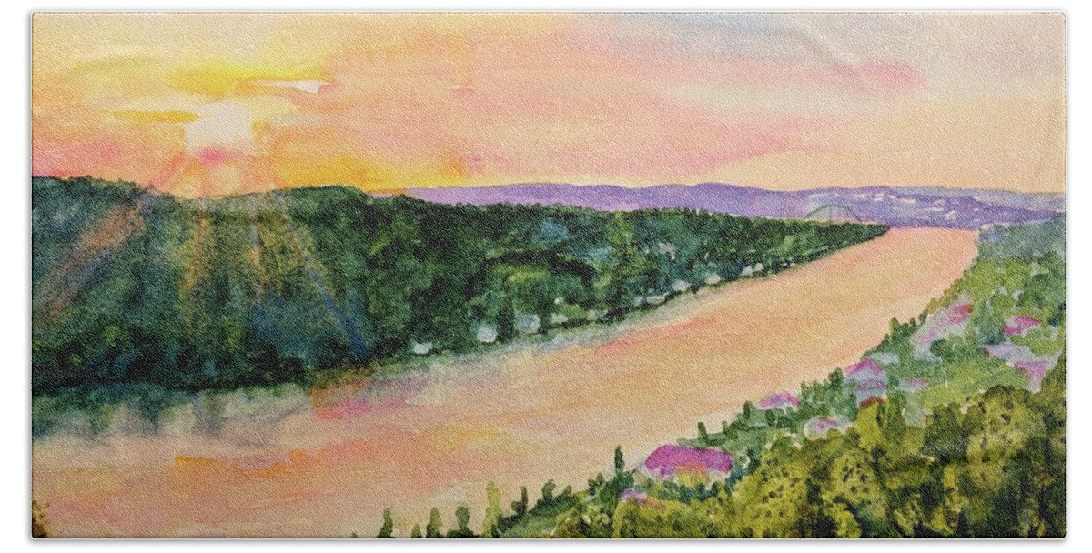 Texas Hand Towel featuring the painting Sunset on Mount Bonnell by Carlin Blahnik CarlinArtWatercolor