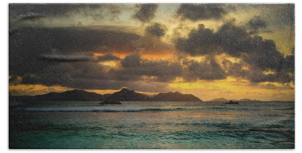 Background Hand Towel featuring the photograph Sunset on Praslin Island by Jean-Luc Farges