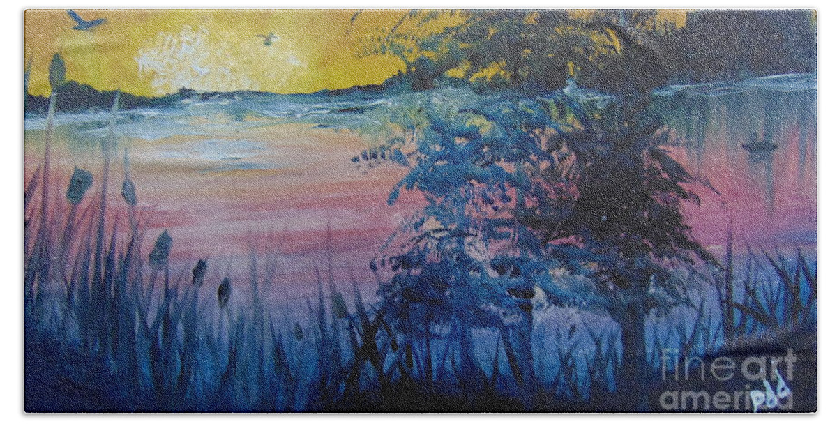 Lake Bath Towel featuring the painting Sunset on the Lake by Saundra Johnson