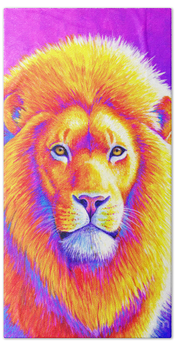 Lion Hand Towel featuring the painting Sunset on the Savanna - African Lion by Rebecca Wang