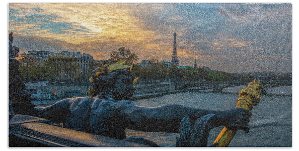 Eiffel Tower From The Alex Bridge Hand Towel featuring the photograph Sunset on the Seine River by Mike Brown