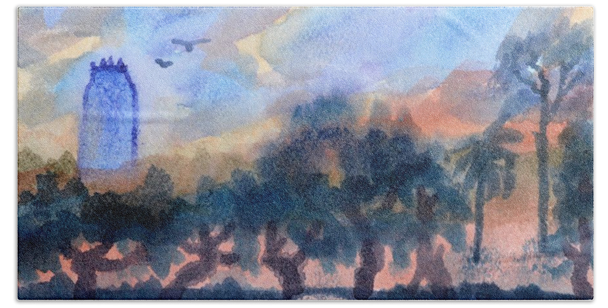 Sunset Over Bok Tower Gardens 2 Hand Towel featuring the painting Sunset Over Bok Tower Gardens 2 by Warren Thompson