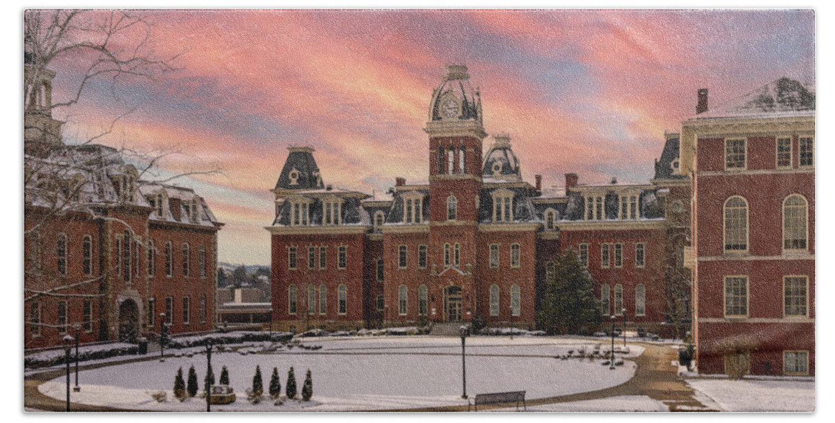 Graduation Bath Towel featuring the photograph Sunset over snow covered Woodburn Hall at WV University by Steven Heap