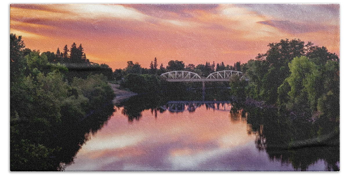 Sunset Hand Towel featuring the photograph Sunset over the American River by Gary Geddes