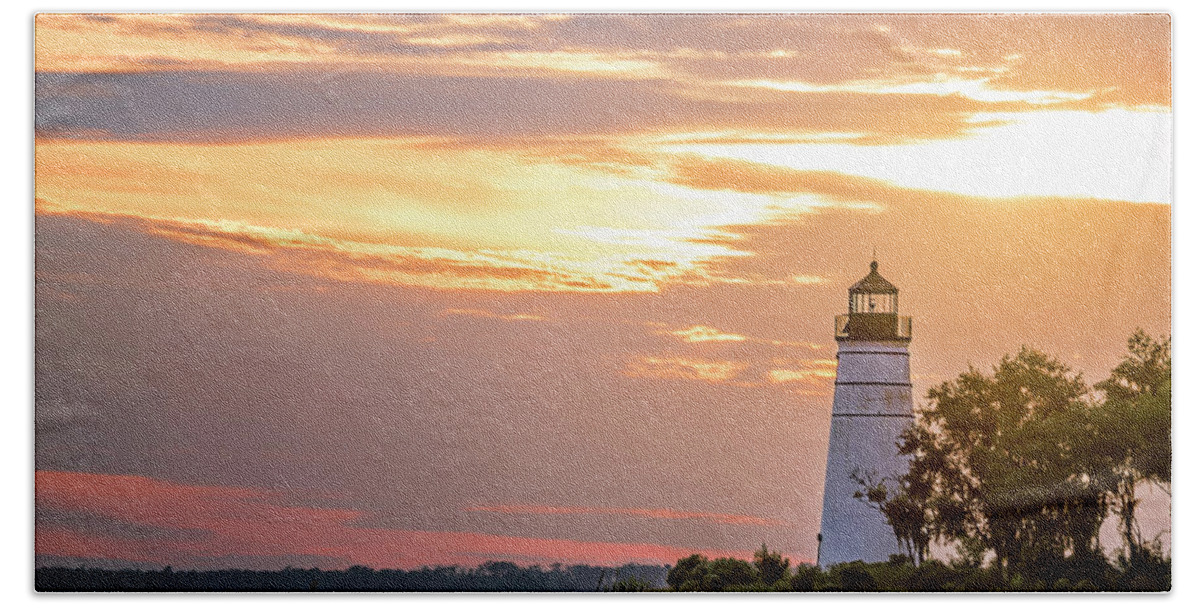 Louisiana Hand Towel featuring the photograph Sunset Over the Madisonville Lighthouse by Andy Crawford