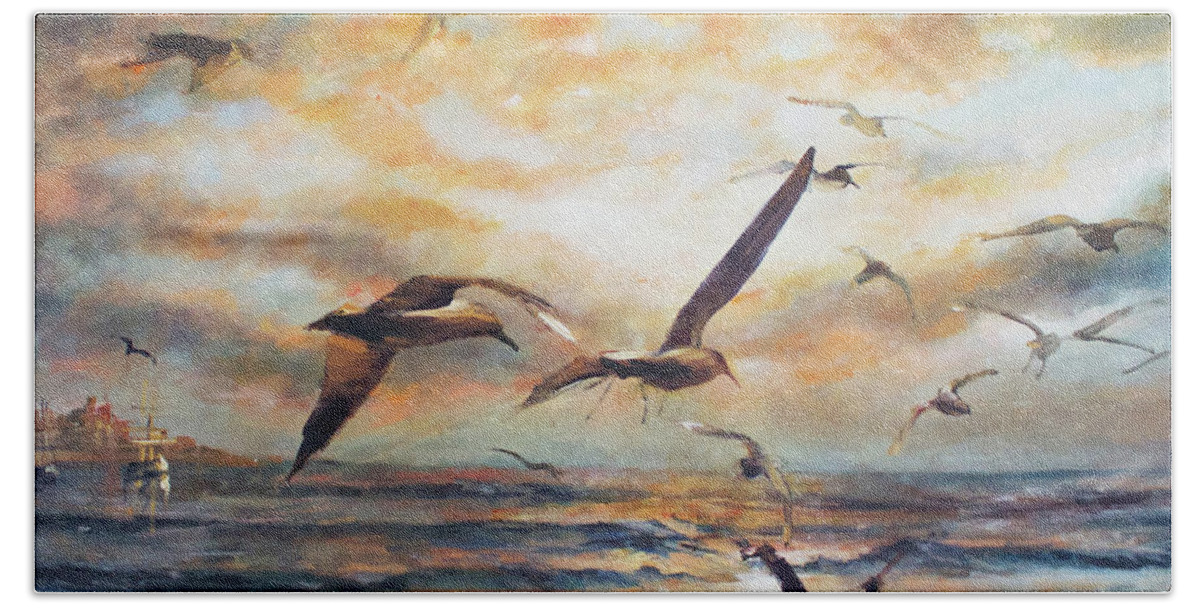 Seagull Jonathan Livingstone Bath Towel featuring the painting Sunset over the sea by Vali Irina Ciobanu