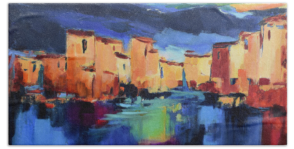 Cinque Terre Hand Towel featuring the painting Sunset Over the Village by Elise Palmigiani