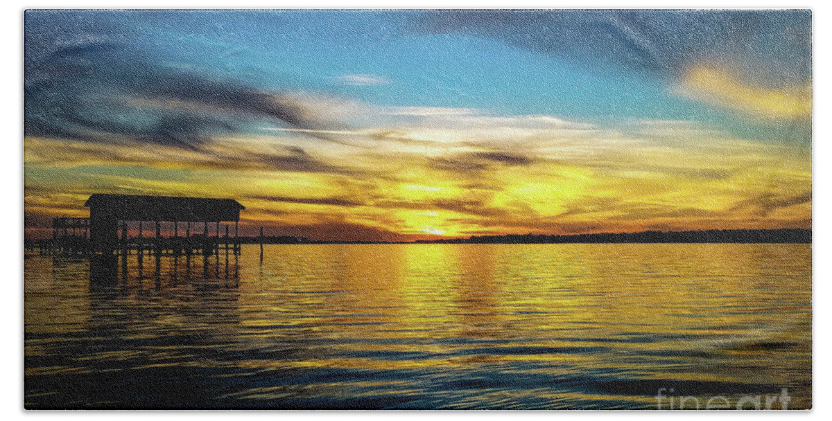 Sunset Hand Towel featuring the photograph Sunset Reflection on Perdido Bay by Beachtown Views