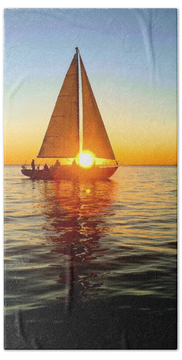 Sailboat Hand Towel featuring the photograph Sunset Sail by David T Wilkinson