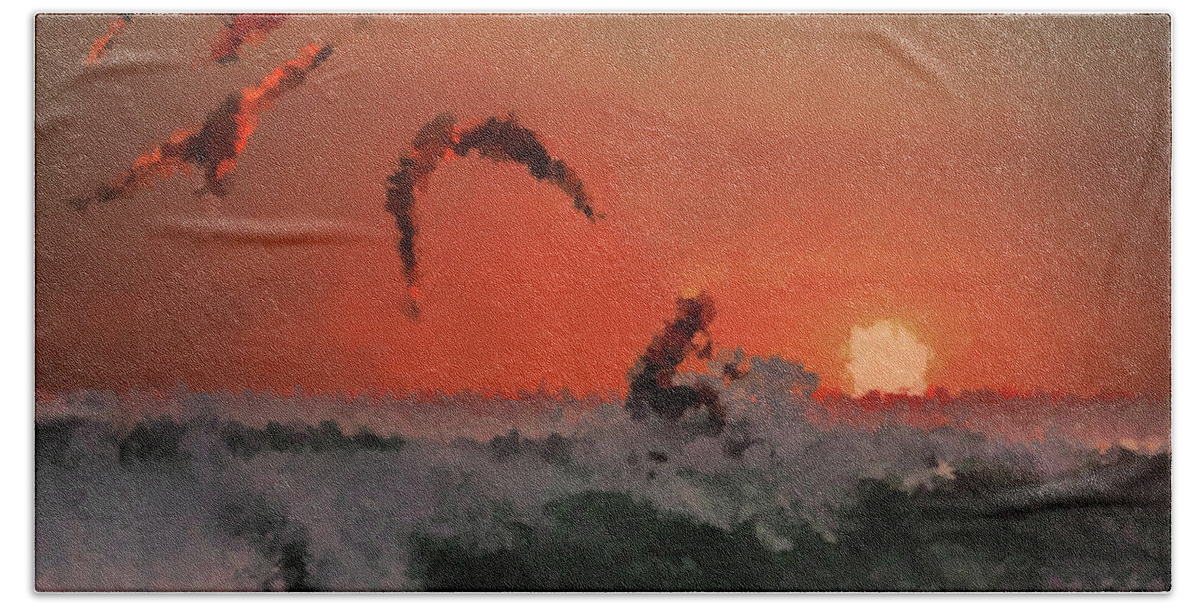 Surfing Hand Towel featuring the mixed media Sunset Surfing by Alex Mir
