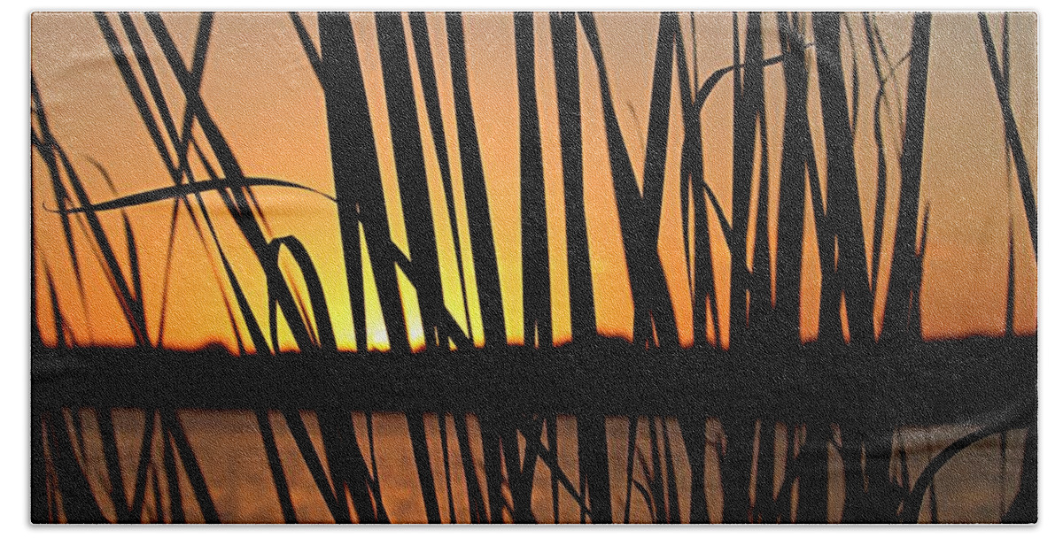 Sunset Bath Towel featuring the photograph Sunset Through the Reeds by Mary Walchuck