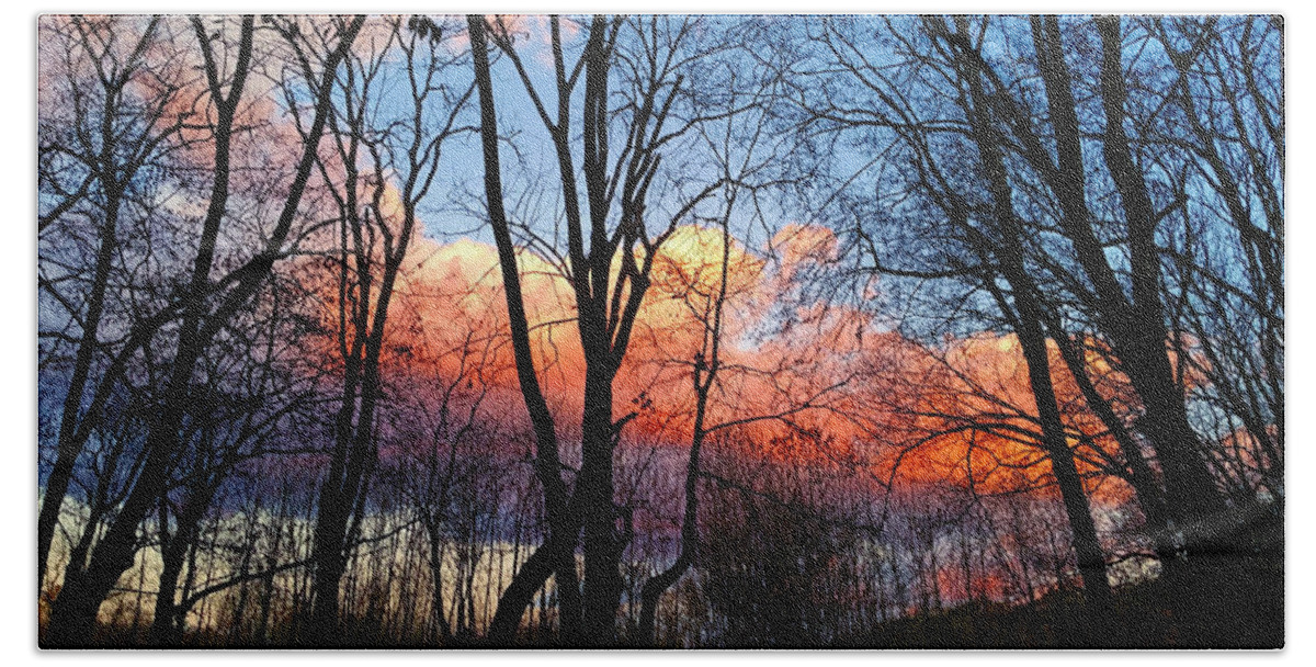 Nature Bath Towel featuring the photograph Sunset Through the Woods by Ally White