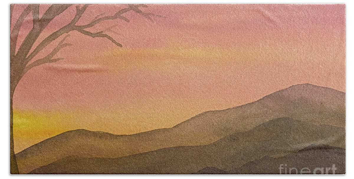 Sunset Hand Towel featuring the painting Sunset Tree by Lisa Neuman