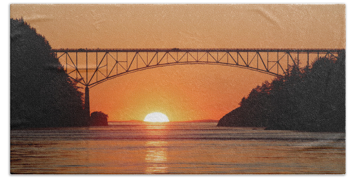 Sunset Deception Pass Bath Towel featuring the photograph Sunset Under the Bridge by Michael Rauwolf
