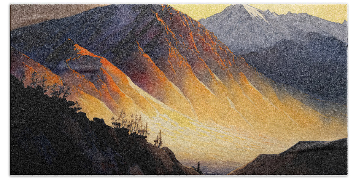 Landscape Bath Towel featuring the painting Sunset's Embrace on Mount Peale by Kai Saarto