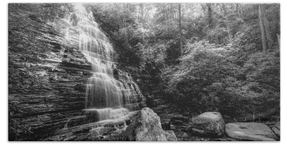 Benton Bath Towel featuring the photograph Sunshine at the Benson Waterfall Black and White by Debra and Dave Vanderlaan