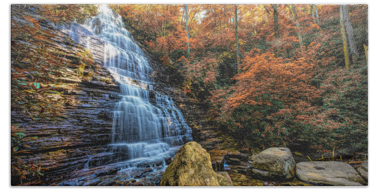Waterfall Bath Towel featuring the photograph Sunshine at the Benson Waterfall in Autumn by Debra and Dave Vanderlaan