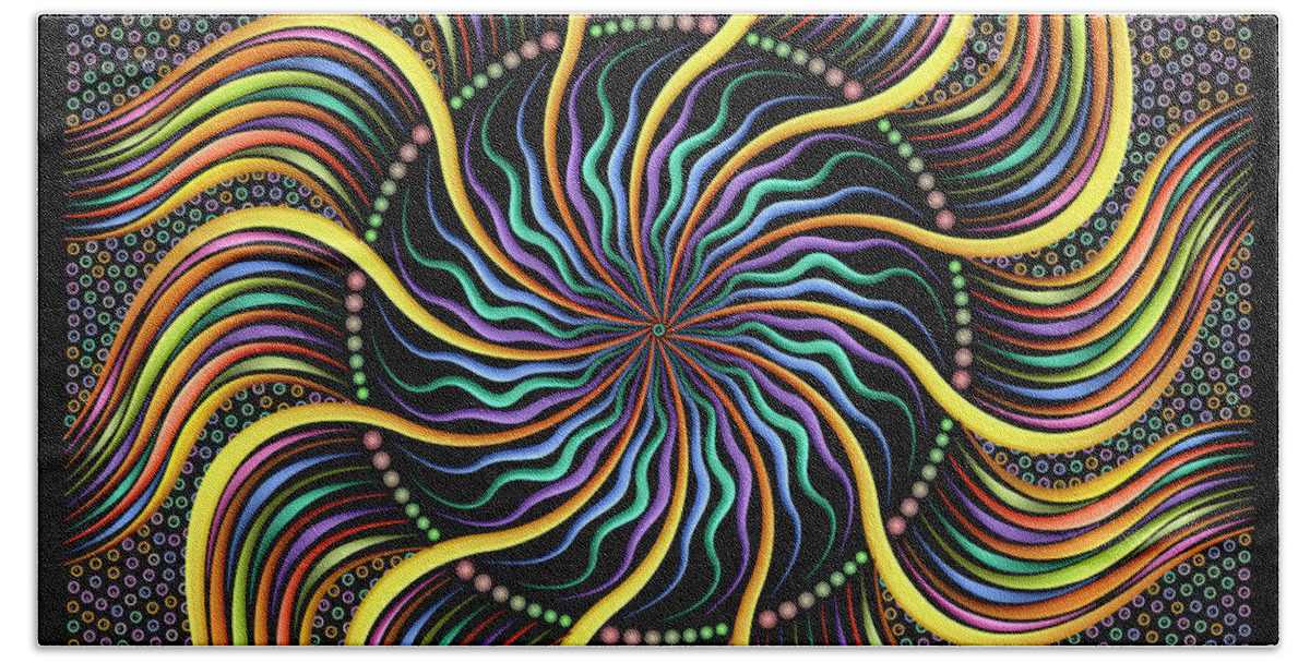 Illuminated Mandala Bath Towel featuring the digital art Sunshine Circle Dot Twist by Becky Titus