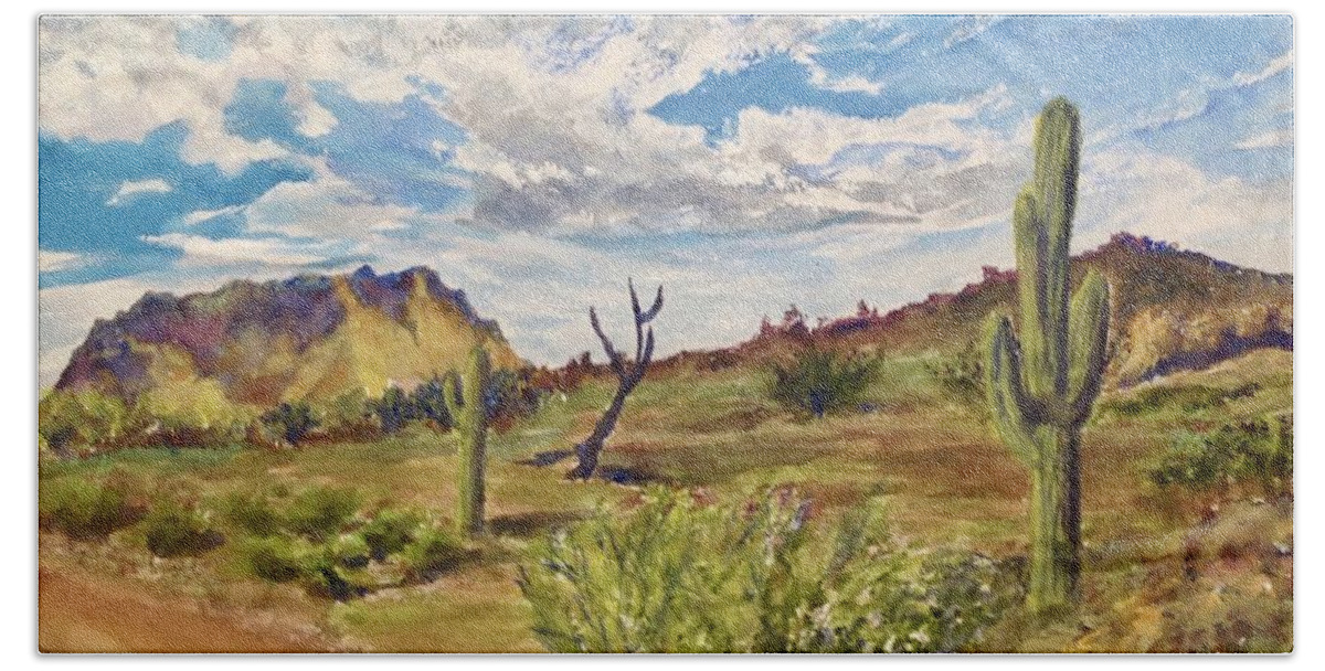Arizona Hand Towel featuring the painting Superstition Skies by Cheryl Wallace