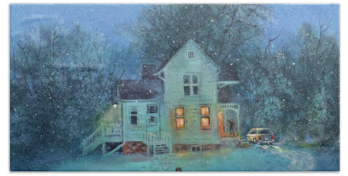 Winter Scene Bath Towel featuring the painting Suppertime At The Farm by Tom Shropshire