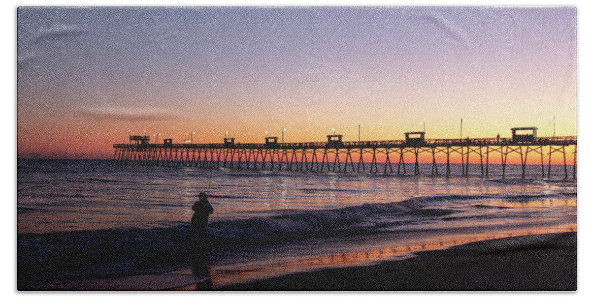Surf Fishing Bath Towel featuring the photograph Surf Fisherman and Bogue Inlet Pier at Sunset by Bob Decker