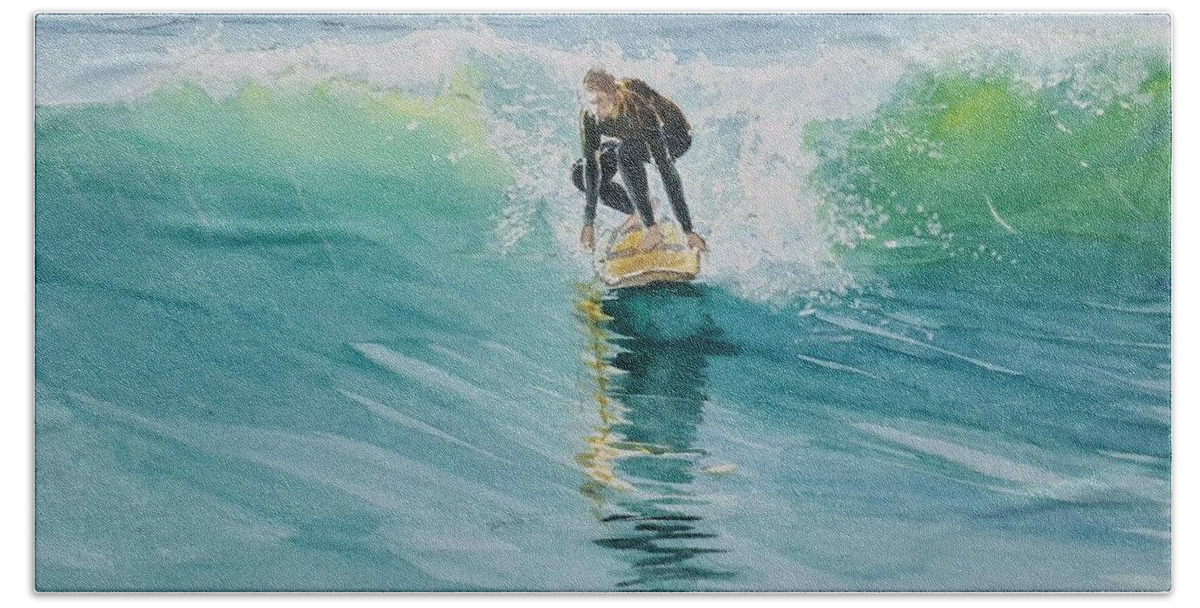 Surfer Hand Towel featuring the painting Surfing Portugal by Sandie Croft