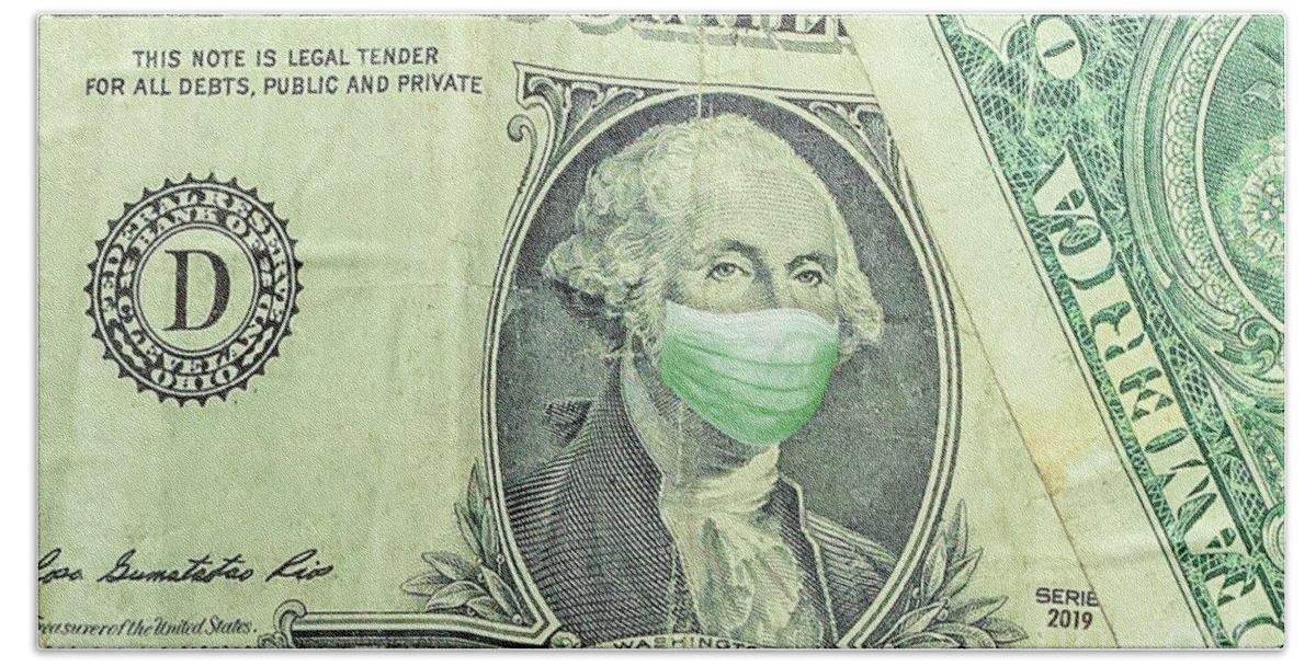 Mask Hand Towel featuring the photograph Surgical mask on George Washington one American dollar by Benny Marty