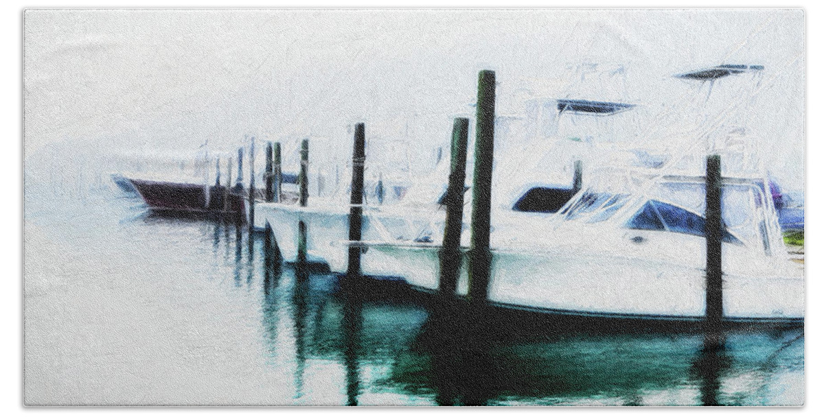 North Carolina Bath Towel featuring the photograph Surreal Fishing Boats in Outer Banks Marina ap by Dan Carmichael
