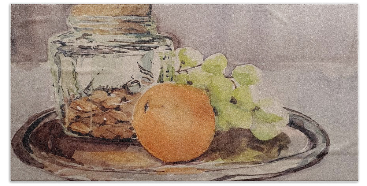 Still Life Hand Towel featuring the painting Sustenance on a Silver Platter by Sheila Romard