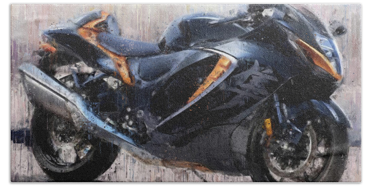 Motorcycle Bath Towel featuring the painting SUZUKI HAYABUSA GSX1300R Motorcycles by Vart by Vart