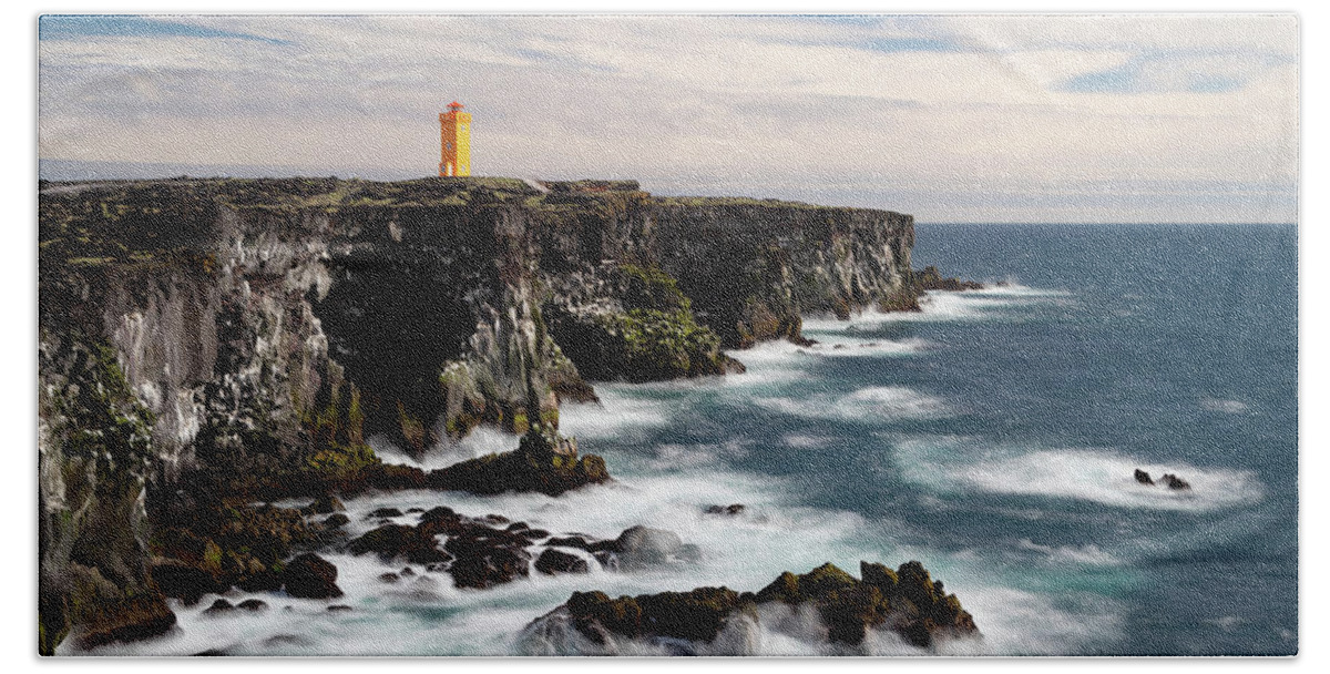 Travel Bath Towel featuring the photograph Svortuloft Lighthouse on the Westernmost part of the Snaefelsnes Peninsula, Iceland I by William Dickman
